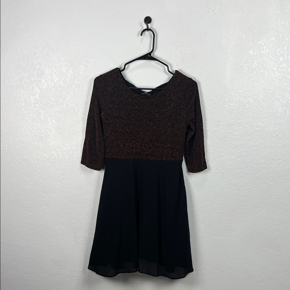 By and By Girls Brown Black Dress W Black Bow Sz 14 Formal 3/4 Sleeves Chic